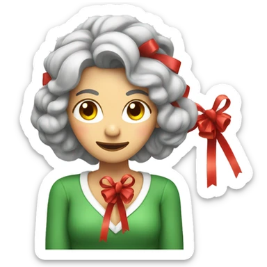 Middle aged woman learning how to tie a Christmas bow sticker