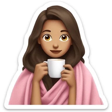brunette girl in a pink blanket sipping coffee sticker