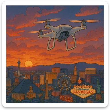 ghibli style illustration of a drone soaring over Las Vegas at sunset sticker