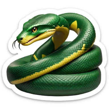 cinematic-anaconda-realistic-full-body-coiled-emoji,-thick-muscular-body-wrapped-in-powerful-loops,-smooth-green-and-black-patterned-scales-glinting-under-the-light,-head-raised-slightly,-piercing-golden-eyes-staring-intensely,-simplified-yet-realistic-focused-features,-highly-detailed,-glowing-with-an-almost-sarcastic-glow sticker
