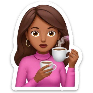 Mulher morena tomando café  com roupa rosa esfriando o café  sticker