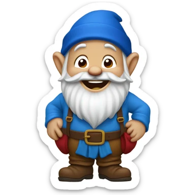 Gnome laughing with a red hat and blue shirt with boots and brown pants sticker