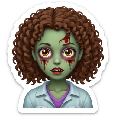 Faça uma garota zombie de cabelo cacheado castanho, olhos castanhos escuro e pele parda sticker