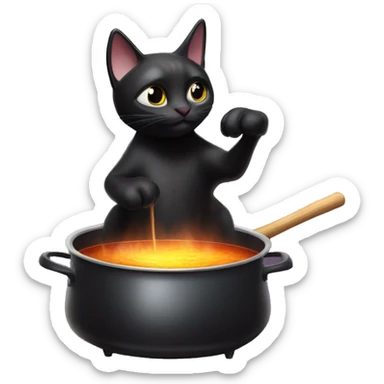 A black cat stirring a boiling pot with a magic wand sticker