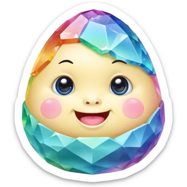 A single pastel rainbow crystal baby rock character, chubby and heavy with a chunky, irregular polygon shape, not egg-shaped, covered in faceted crystal planes and small chips, big glossy rainbow eyes and a small smiling mout sticker