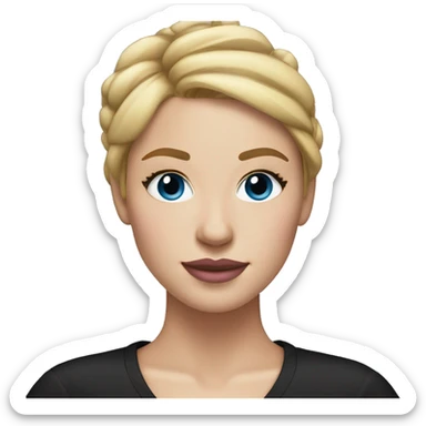 a woman with freckles, blue eyes, light skin, blonde hair with a bun, pink lips. black clothes. sticker