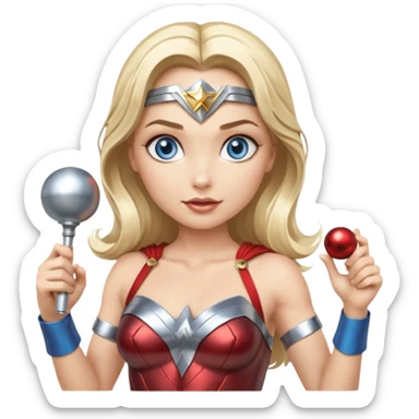 Blonde blue eyes Wonder Woman holding bell and short, skinny white baton sticker