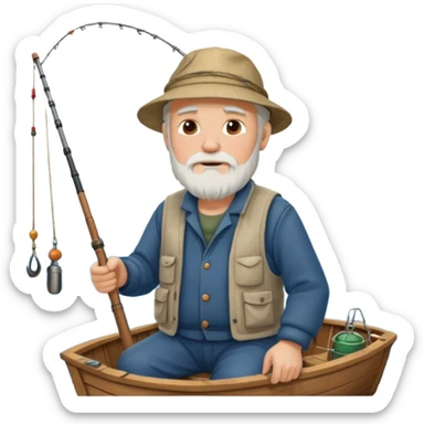 an old white haired, bearded man in fisherman attire, sat in a big boat on a calm sea, holding one fishing rod in one hand, with the end of the fishing line touching the water sticker