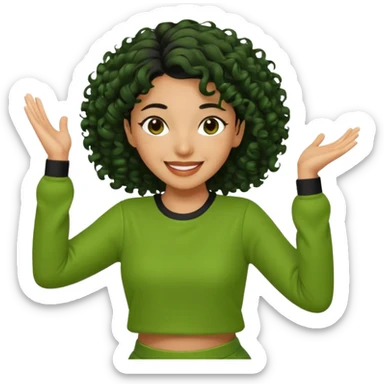a woman with olive skin tone and curly black hair wearing green and dancing sticker