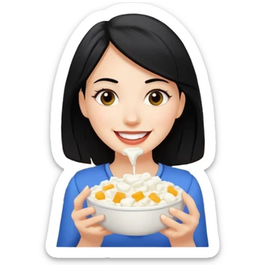 A white girl with black hair eating cottage cheese sticker
