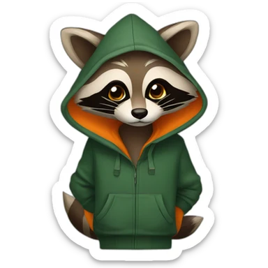 brown raccoon with orange eyes and a dark green hood that is smiling sticker