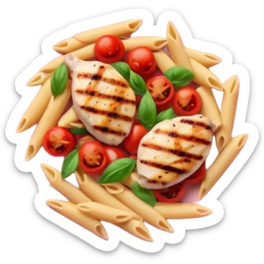 penne with cherry tomatoes and grilled chicken on a round pastel pink plate sticker