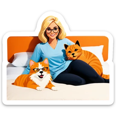 Blonde woman in bed with glasses with a dark, gray cat and orange cat and a golden retriever sticker