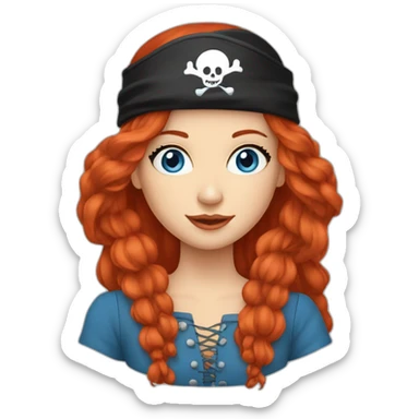 Woman long red hair in a platt.pirate hat. One side of head has no hair. Blue eyes. skull and crossbones t shirt sticker