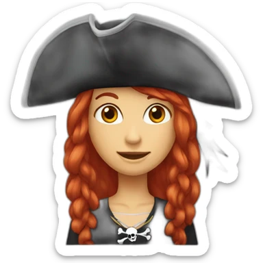 Woman long red hair. Her hair is one long platt on one side Short hair on the other side, pirate hat, skull and crossbones t shirt sticker