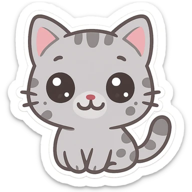 Cute emoji of a small gray cat with black spots, big shiny kawaii eyes, tiny pink nose, and a sweet smiling expression. Minimalist design, clean vector style, high resolution, soft pastel colors, with a transparent background. sticker