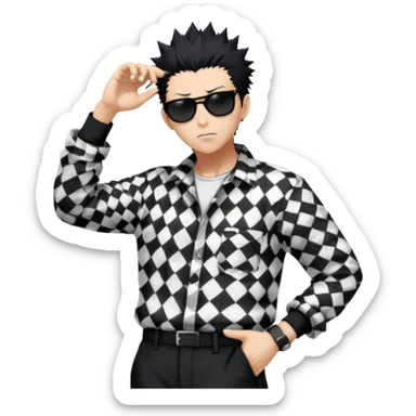 Satoru Gojo from Jujutsu Kaisen with spiky black hair, wearing black and white checkered shirt with rolled-up sleeves, black pants, confident expression, sunglasses on top of head, one hand in pocket sticker
