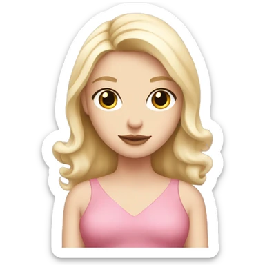 A white girl blonde hair with a pink dress holding a white cat sticker