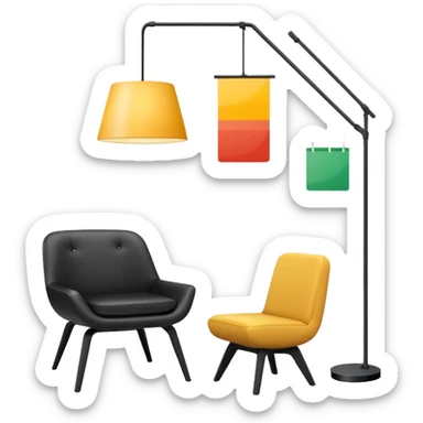 Create a minimalistic and stylish custom emoji that represents a premium interior design studio. The emoji should include a sleek modern chair, a hanging designer lamp, and architectural elements like a floor plan or a paint swatch.  sticker