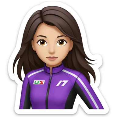 brunette long hair woman with black racing outfit with single purple strip sticker