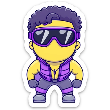 male athlete with white skin and moderately curly black hair on top with shaved sides, wearing ski goggles with purple frames and very dark black lenses, a simple plain black chain necklace, and a completely unzipped/wide open shiny purple vest fully revealing his chest and abs, no earrings sticker