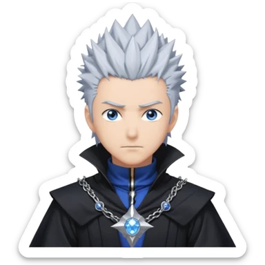 "Satoru Gojo, male anime character, spiky silver hair, blue eyes or blindfold, black sorcerer outfit, tall and athletic, confident pose, anime style, dramatic lighting." sticker