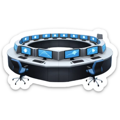 Cinematic mission control center, massive curved video walls with complex telemetry and glowing data visualizations, symmetrical high-tech workstations, dim blue and amber ambient lighting, sharp focus, hyper-realistic, atmosphere of absolute precision. sticker
