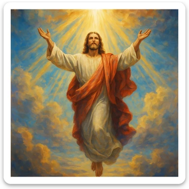 Jesus ascending into heaven, arms raised, the sky opening above with rays of light, uplifting and spiritual sticker