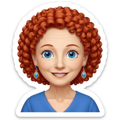 una profesora mayor simpática con el pelo rojo rizado, ojos azules, vestido azul y pendientes azules hablando altura completa sonriendo sticker