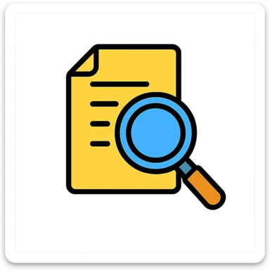 A magnifying glass over papers, representing document search, colorful outlined icon style sticker