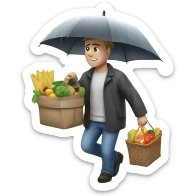 White guy bringing in groceries in the rain sticker