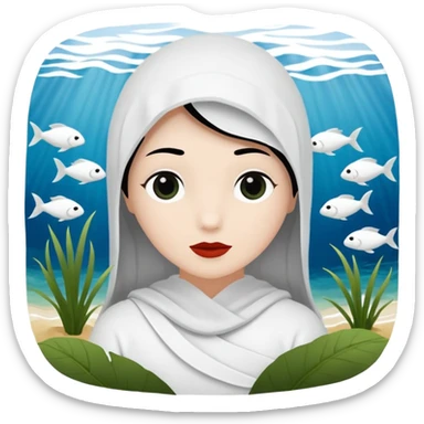 vull un perosnatge estil bimoji que sigui com una nimfa bella i fantasmal amb túniques blanques. Té la pell literalments blanca com el guix, cabell platejat, un nas llarg, ulls negres grans i llavis carmesí. que estigui somrient sense arrecades i roba vermellai balnca  sticker