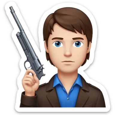 guy w medium long brown hair and blue eyes with gun pointed up at his chin sticker