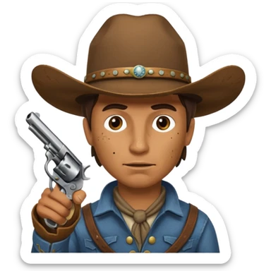 A cowboy pointing his revolver in your face  and saying, "Give me your money." sticker