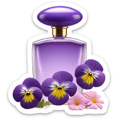 composition of aesthetically pleasing purple pansies, pastel pink daisies and a rosy vintage-style perfume bottle sticker