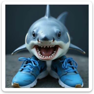 a lifelike shark with blue Nike shoes, close-up view sticker