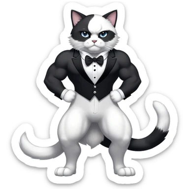 Black and white Super muscular Buff sigma Gigachad cat full body tuxedo colored  sticker