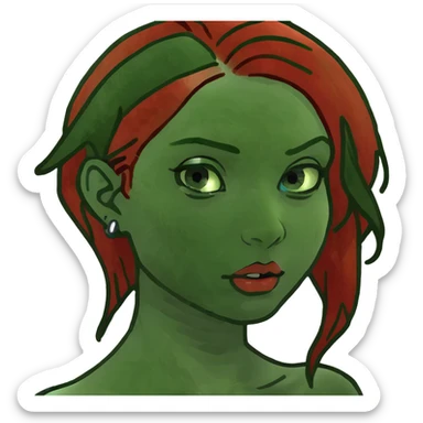 a girl with red hair and green streaks, blue eyes, piercings in a black dress sticker