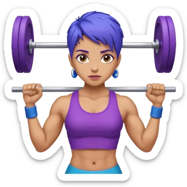 weight lift woman short blue purple har muscles bar is not growing from head sticker