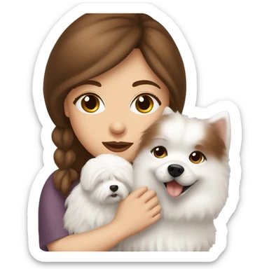 beautiful girl with brown hair kissing her cream white spitz dog sticker
