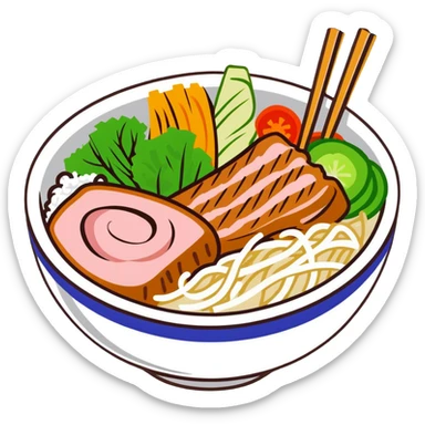 A Vietnamese Bún Thịt Nướng dish with rice noodles, grilled pork, fresh herbs, and vegetables in a bowl sticker