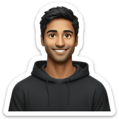 25 year old indian silicon valley creator economy startup founder smiling in a black hoodie with broad shoulders profile photo wearing apple vision pro face only sticker