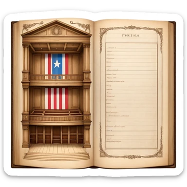 Open antique book with clearly visible detailed stage design sketches spread across both pages, showing theater elevation drawings and floor plans, Puerto Rican flag colors in the sketches, wooden bookmark sticker