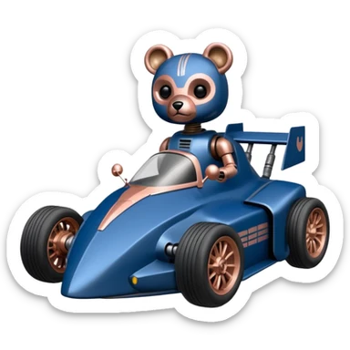  Space-weathered/Carbonized Metallic dark blue and rosegold-accented  racing car for furry-faced grey bearded evil alien scary robot teddy bear with custom open-aero body and rear spoiler (Star Wars style) sticker