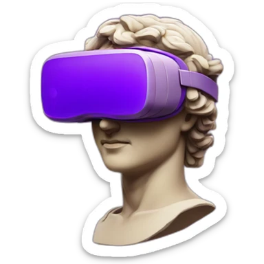 an EMOJI OF A ancient young greek statue, wearing VR headset, purple colors, DIGITAL UNIVERSE sticker