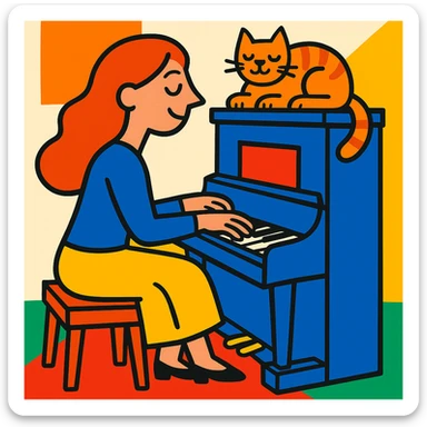 woman playing piano while her cat sits on top of the piano sticker