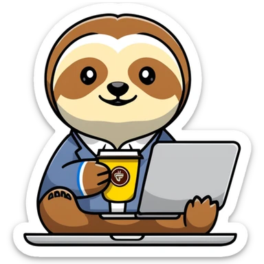 Elderly sloth boss in cartoon style, hand-drawn, muted warm tones. Office clothes, often with coffee or laptop. Ukrainian text, readable in dark mode. sticker