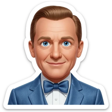 Bing Crosby with blue eyes, brown hair, denim blue metallic suit with bow tie sticker