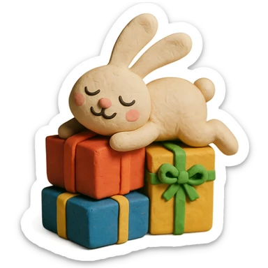 bunny lying on birthday gifts, sleepy and happy smile eyes, claymation style sticker