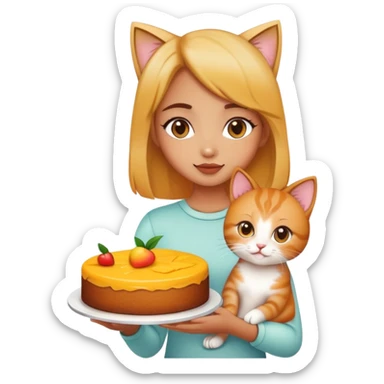 Beautiful girl holding a mango cake and a kitten sticker
